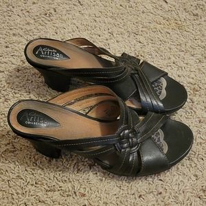 Clarks black leather heeled sandals